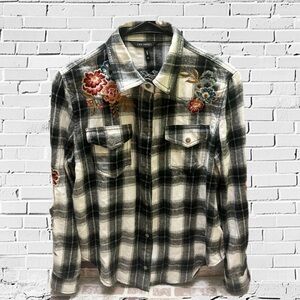 DRIFTWOOD Black and White Plaid Shirt with Floral Embroidery XS